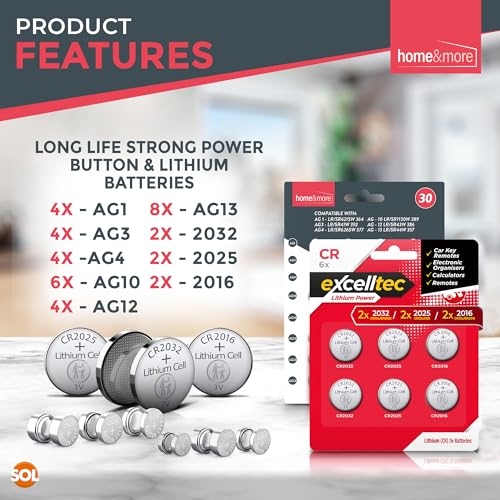 SOL Alkaline & Lithium Button Cells Batteries [Assorted Multipack of 36] AG13/AG10/AG1/AG3/AG4/AG12/CR2032/CR2025/CR2016/LR41/LR43/LR44/LR626/LR621/LR754/LR1120/LR1130 Coin Cells Watches Car Keys Toys