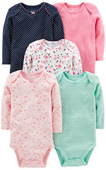 Simple Joys by Carter's Baby 5-Pack Long-Sleeve Bodysuit, Mint Green/Navy Dots/Pink/Butterflies/Floral, 12 Months (Pack of 5)