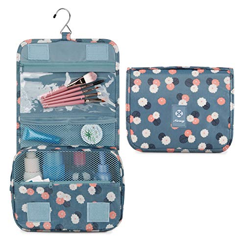 Travel Hanging Toiletry Wash Bag Makeup Cosmetic Organizer for Women Waterproof (Blue Flower)