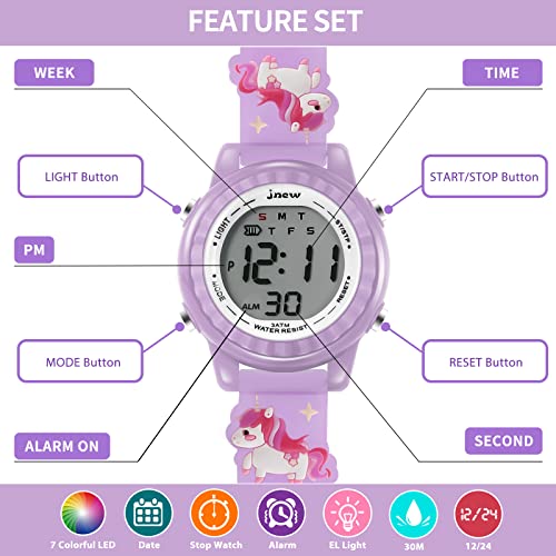 Bigmeda Kids Digital Watch 3D Cartoon Girls Watches with LED Watch Time Date Alarm Display 7 Color Backlight Stopwatch Waterproof Sport Outdoor Kids Watch Best Gifts for 5-14 Years (Light Purple2)