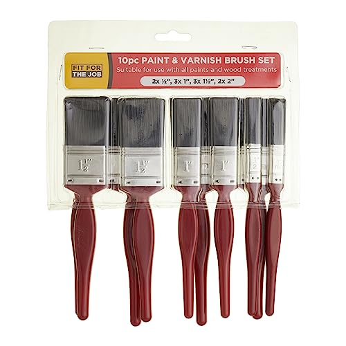 Fit For The Job 10 pc Mixed Sizes Paint Brush Set for a Smooth Finish with Emulsion, Gloss, Satin on Walls, Ceilings, Woodwork, Metal - 2x 0.5, 3x 1, 3x 1.5, 2x 2 inch Paint Brushes for Wood, Plaster