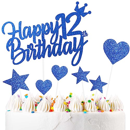 Personalised Happy 12th Birthday Cake Toppers Birthday Cake Decorations Blue for Boy Men Girl Women, Double Sided Glitter Cupcake Topper Cake Topper Kit 12 Years Birthday Party Cake Décor Supplies