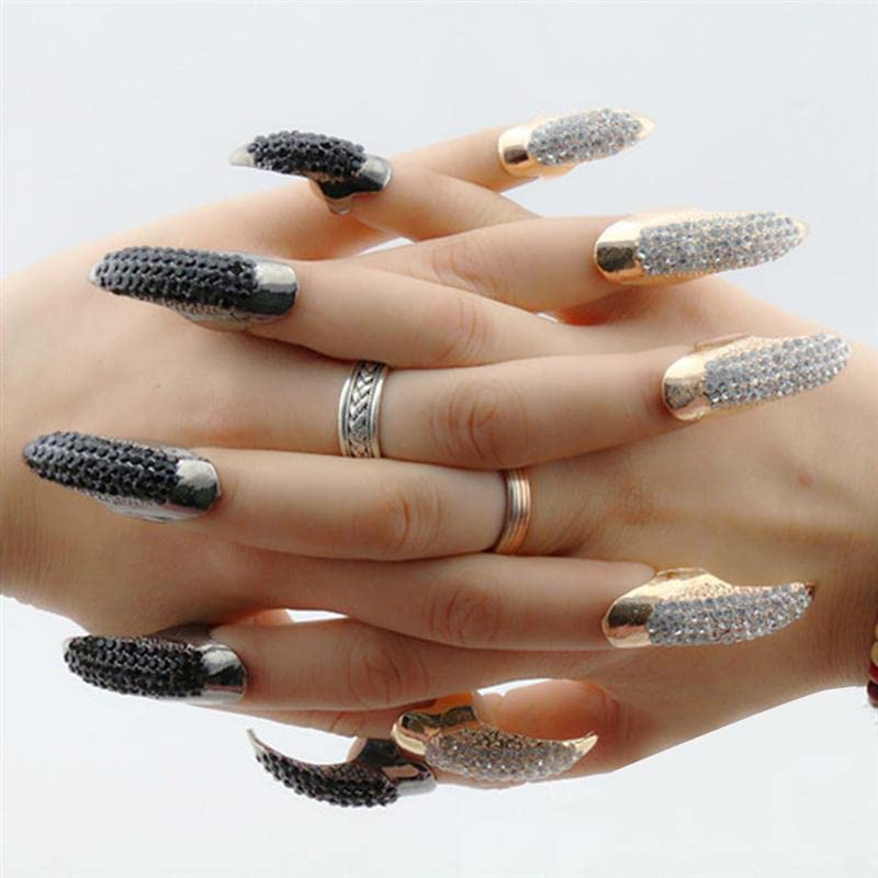 5PCS Halloween Punky Costume Finger Claw Nail Rings Rhinestone Talon Finger Ring Gothic Jewelry Cosplay Nail Finger Tips Holiday Decoration for Unisex