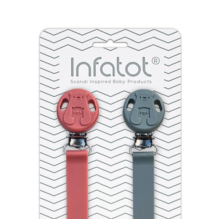 Infatot® Silicone Dummy Clips for Baby Boys & Girls - Dummy Clip Pacifier Holder, Soother Chains, Soother Clips, Dummy Straps, Pacifier Clips, Dummy Holder to Keep Pacifiers Clean - Peach & Stone