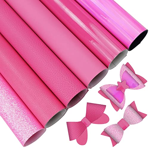 6 Pieces/Set 8x12 Inch (21cm x 30cm) A4 Bundle Leather Sheets Mixed Hot Pink Series Sparkle Fine Glitter Patent Holographic Litchi Faux Leather Fabric for Bow Earring Making DIY Craft