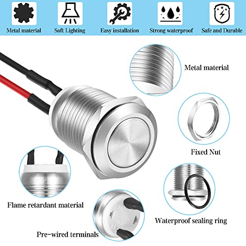 Gebildet 5pcs Prewired Waterproof Push Button Momentary Stainless Steel Push Button On Off 12mm 2A 12V/24V/125V/250V AC (Flat Head)