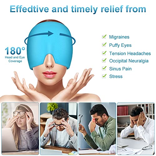 ACWOO Migraine Relief Cap, Reusable Cold Hot Therapy Migraine and Headache Relief Cap, Single-sided Gel Ice Hot Head Wrap for Chronic Migraine, Tension Headache, Sinus Stress, Puffy Eyes (Blue)