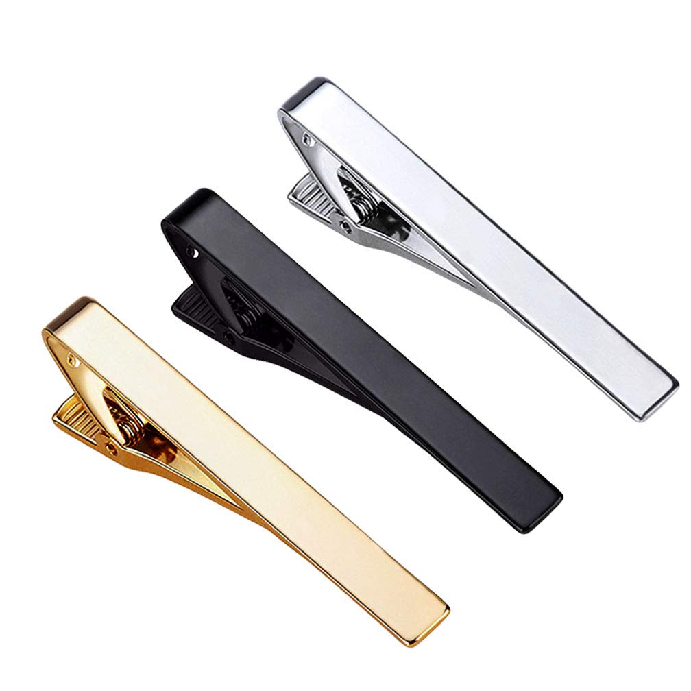 YTBUBOR 3 Pack Tie Clips for Men Long Styles Tie Bar Clip Set Square Edges Tie Tack Pins Silver Gold Black Necktie Bar Necktie Wedding Business Clips