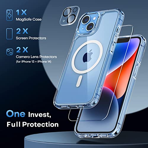 TAURI 5 in 1 Magnetic Design for iPhone 14/iPhone 13 Case, and 2 Screen Protector and2 Camera Protector, [Design for MagSafe] Anti-Yellow Shockproof Phone Case