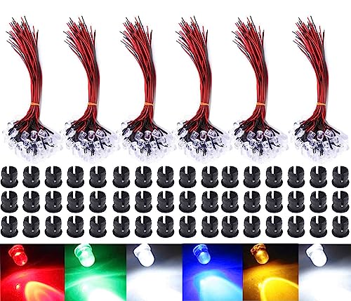 GTIWUNG 60Pcs 5mm Pre Wired LED Diodes Light Ultra Bright (10PCS X 6 Colors) and 60Pcs 5mm Plastic LED Holder LED Light Mounting Holders for Toy Lighting to add a Festive Atmosphere