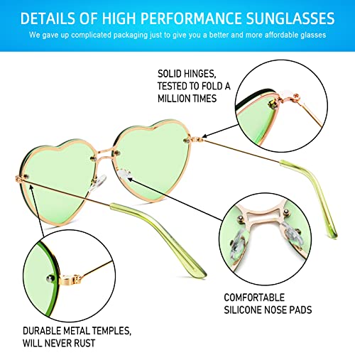 PARTY GO Heart Shape Sunglasses Woman Fashion Rimless Sunglasses UV400 Party Glasses, Green