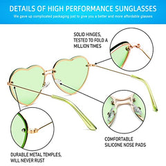 PARTY GO Heart Shape Sunglasses Woman Fashion Rimless Sunglasses UV400 Party Glasses, Green