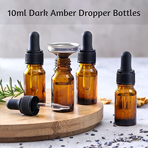 AOZITA 4 x 10ml Amber Brown Glass Bottles with Dropper Pipettes - Come with 1 Stainless Steel Funnel & 4 Lables - Tincture Dropper Bottles for Essential Oils, Aromatherapy Blends, Liquids