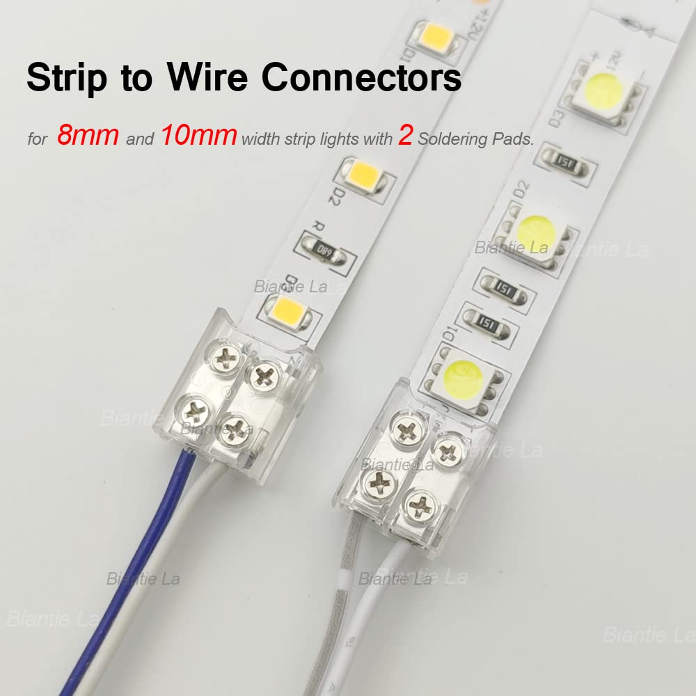 Masterwon 2-Pin LED Light Strip Connectors Solderless Unwired Screw Down Clips DIY Strip to Wire Connection for 8mm 10mm 12v 24V Single Colour LED Strip Light