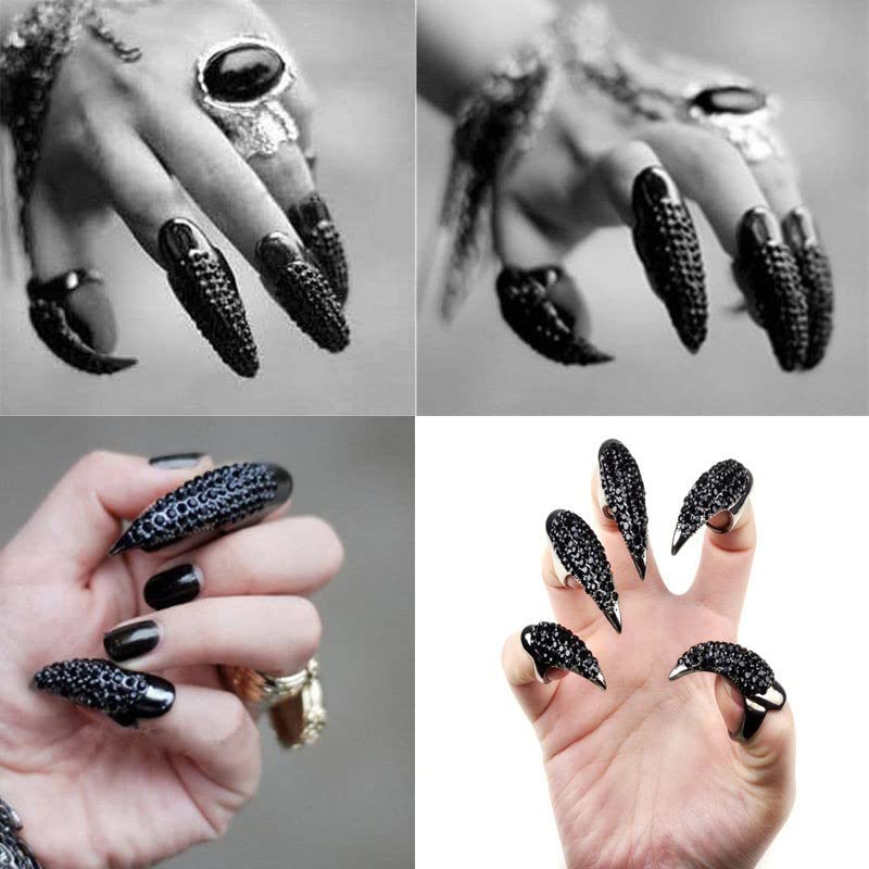 5PCS Halloween Punky Costume Finger Claw Nail Rings Rhinestone Talon Finger Ring Gothic Jewelry Cosplay Nail Finger Tips Holiday Decoration for Unisex