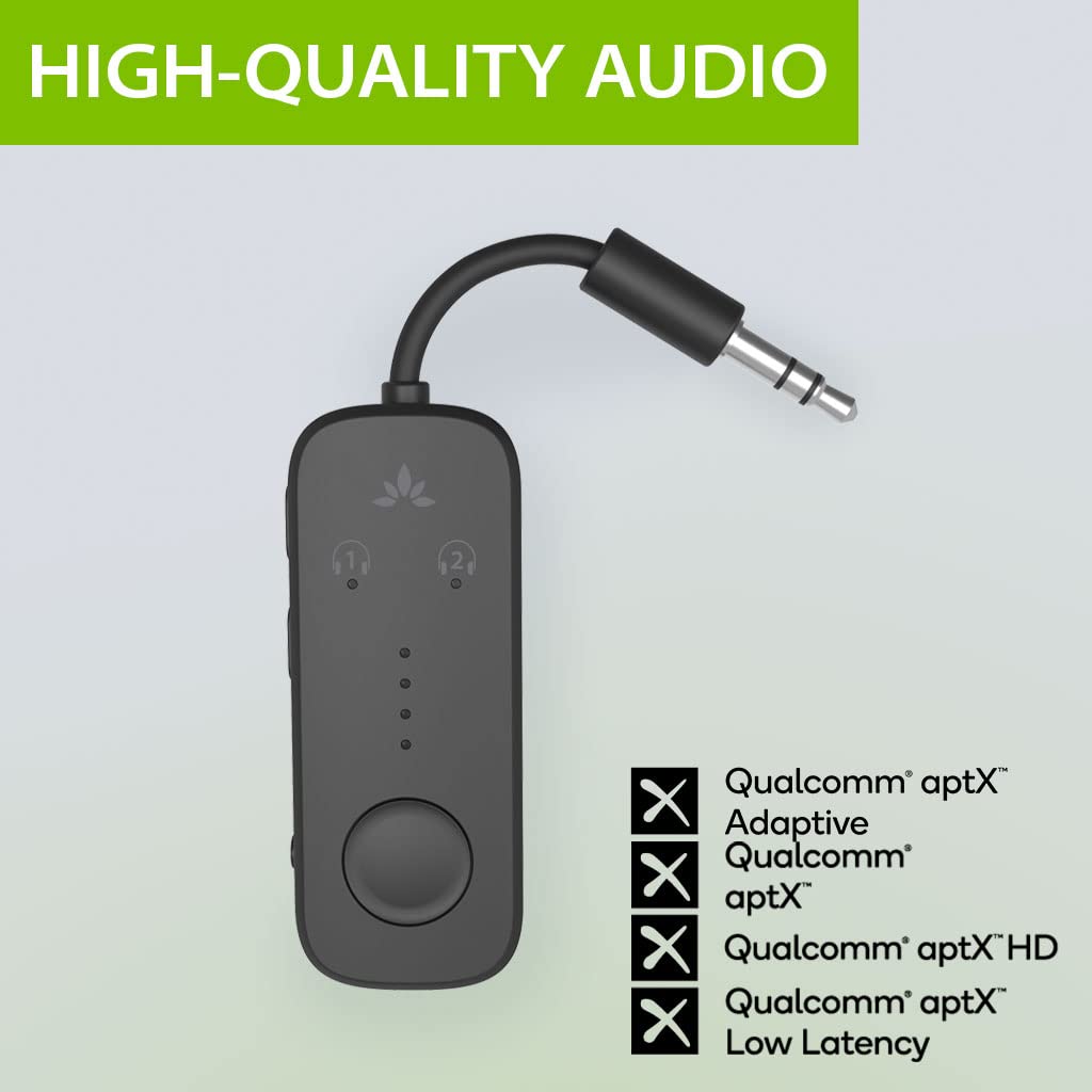 Avantree Relay - Premium Airplane Bluetooth 5.3 Adapter for All Headphones, aptX Low Latency, Supports 2 Headphones or AirPods, Wireless Audio Transmitter for in-Flight, TV, Gym, Tablets