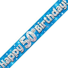 9ft Banner Happy 50th Birthday Blue Holographic