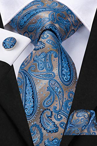 Dubulle Mens Silk Ties Extra Long Blue and Brown Paisley Set Neckties Pocket Square Cufflinks Wedding Party