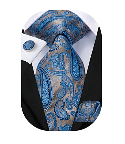 Dubulle Mens Silk Ties Extra Long Blue and Brown Paisley Set Neckties Pocket Square Cufflinks Wedding Party