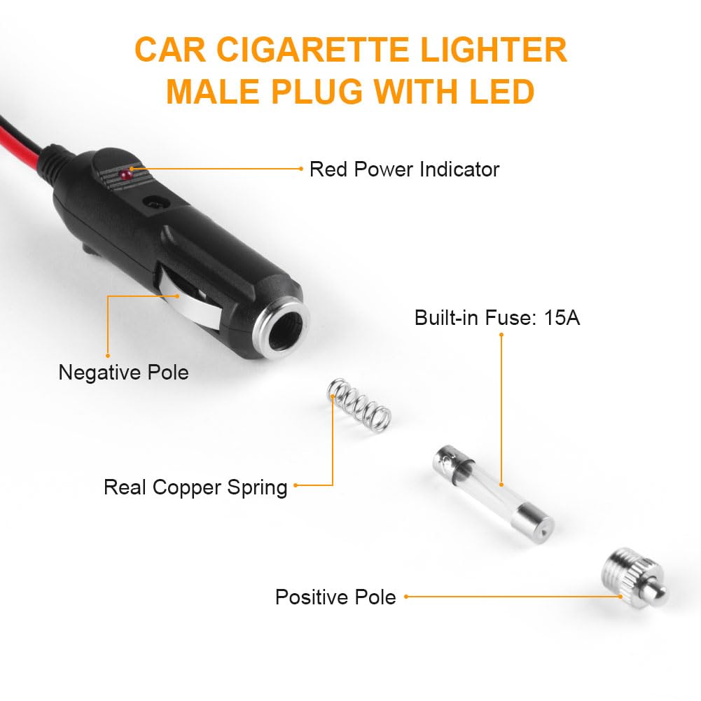 URAQT 18 Pack Cigarette Lighter Plugs, Car Replacement 12V-24V Cigarette Lighter Power Cable 28cm, 10A/15A Fuse Protection with Terminal Kit for Portable DVD Player, Car, Truck, Motorcycle, Tractor