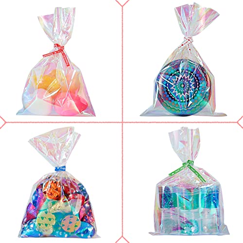 Cellophane Sweet Bags, 100pcs 4x6 Inch Iridescent Small Clear Party Bags with Coloured Twist Ties for Cookie, Candy, Treat, Gift Bags, Great for Kids Birthday Party Favors