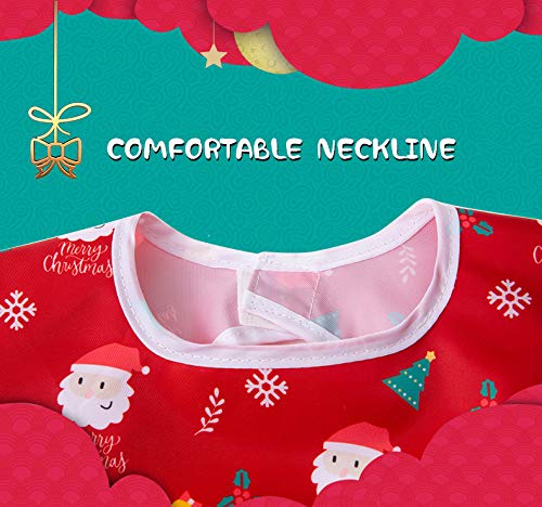 Little Dimsum Weaning Bibs Set with Sleeves,Long Sleeved Waterproof Toddlers Feeding Bib Apron,Food Protection Large Pocket Overalls 6-36 Months (Christmas bib)