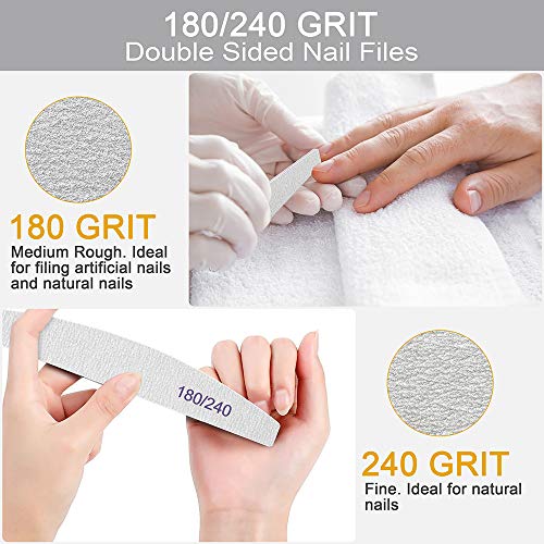 Professional Nail Files, Double Sided Emery Board for Nails 180/240 Grit, Coarse Washable Nail Files for Acrylic Nails & Natural Nails, 12 Pack Fine Grit Nail File