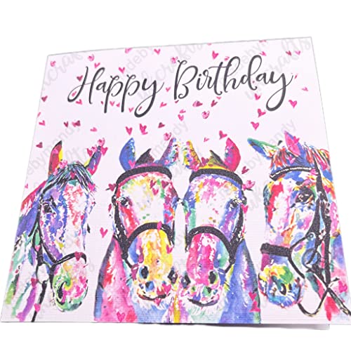 Happy Birthday water coloured themed horse card with hearts background