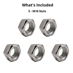 M16 (16mm) Steel Hex Nuts - Standard Thread - Pack of 5