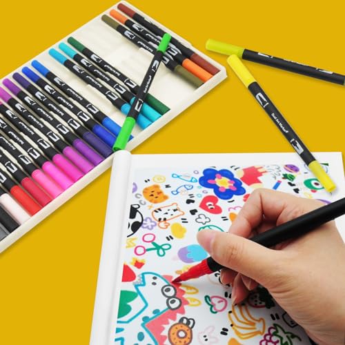 Halobios Dual Tip Brush Pens, Art Supplies Colouring Pens Set for Kids Colouring Books, 24 Colours Felt Tip Pens Art Markers for Design, Drawing, Painting, Sketching, Calligraphy, Lettering