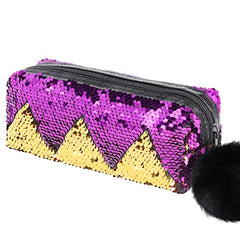 PHOGARY Sequin Preppy Pencil Case for Girls, Secondary School Pencil Bags with Fluffy Zipper, Pencil Pouch Holographic Pen Case Organizer for Students, Women Glitter Makeup Pouch (Purple, Gold)