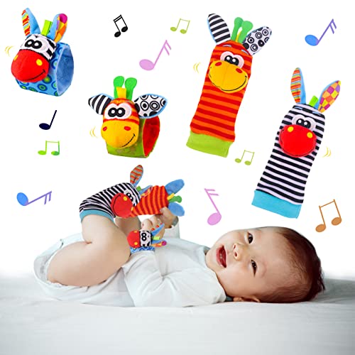 QINREN 4 Pcs Baby Wrist Rattles Socks Toys, Newborn Wristband Rattles & Foot Finder Baby Toy with Sensory Stimulation, Soft Animal Bell Strap Development Gift for 0-9 Month Infant Toddlers Boy Girl