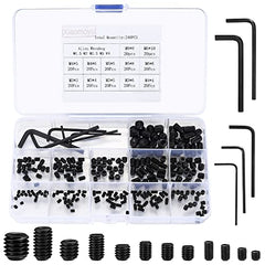 240 Grub Screws Set, Cup Point Hex Head Screw Set, Metric M3/M4/M5/M6/M8 Hex Socket Screw Assortment Kit with Allen Key Wrench(M1.5/M2/M2.5/M3/M4) for Door Handles, Faucet (B-black)