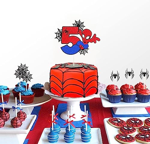 ZHIHUI 7 Pcs Cake Toppers, Personalised 3rd Birthday Cake Topper，Superhero Spiderman Happy Birthday Cake Toppers, Double Sided Glitter Cupcake Topper Birthday Party Decorations for Boys Children Kids