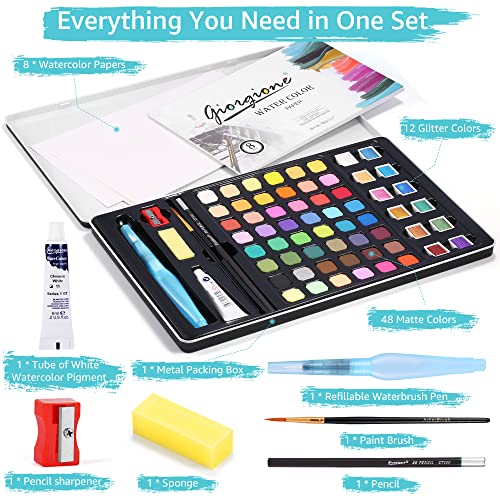 Watercolor Paint Set,60 Vivid Colors Water Colors Kit,Including Metallic and Fluorescent Colors,With 8 Water Colours Paper Pad Versatile,For Artists,Beginners,Amateur Hobbyists,And Painting Lovers