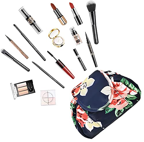 Lazy Drawstring Make up Bag Portable Large Travel Cosmetic Bag Pouch Travel Makeup Pouch Storage Organiser for Women Girl (Floral)