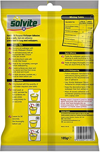 Solvite All Purpose Wallpaper Adhesive with Long-Lasting Results, Wallpaper Paste, Mixes in 20 Seconds, Hangs up to 10 Rolls, 1x185 g Sachet