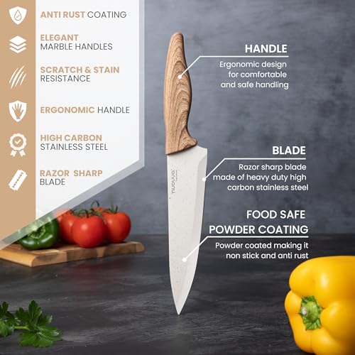 nuovva Professional Kitchen Knife Set – 5pcs Cream Granite Kitchen Knives – Stainless Steel Granite Non Stick Blades – Chefs, Filleting, Bread, Paring and Utility Knives