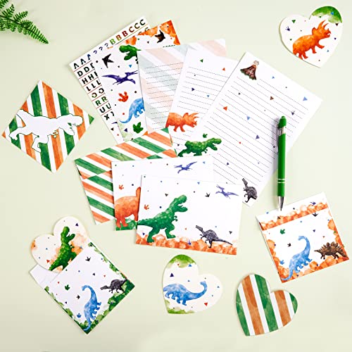 Watercolor Dinosaur Paper and Envelopes Set - 70PCS Stationery Paper for Kids Boys Christmas Birthday Gifts Stationery Letter Writing Set Envelopes Cards Stickers Ballpoint Pen Gift Box