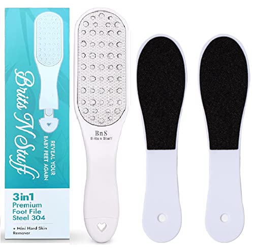 3-in-1 Professional Pedicure Foot File for Hard Skin - Anti Rust Stainless Steel Callus Remover for Cracked Heels - Easy to Use & Anti Skid Design - Foot Care Tool for Dry and Dead Skin - BNS