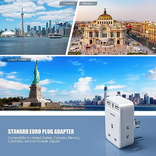 UK to US Plug Adapter, 6 IN 1 USA Travel Adapter with 2 USB-A Ports & 1 USB-C Ports(5V/3.4A) and 2 Shaver Plug Adaptor UK for Shaver/Toothbrush, US Plug Adapter for Thailand Mexico Colombia(Type B)