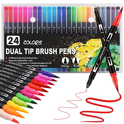 Funnasting Colouring Pens Dual Tip Brush Pens, 24 Colors Felt Tip Pens for children and Adults, Brush Marker Pens for Colouring Book Journal Drawing Lettering Sketching