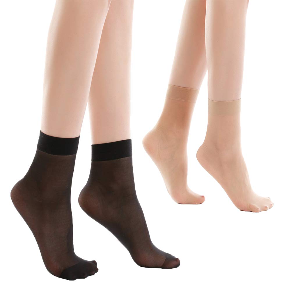 12 Pairs Women's Ankle High Sheer Pop Nylon Socks, 20D Transparent Comfortable Silk sheer Socks (NudeandBlack)