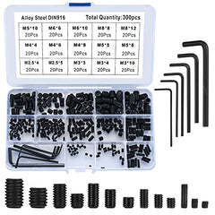 300 Pcs Allen Head Socket Screws Set, Grub Screws Assorted, Black Hex Gead Grub Screws, M2.5/M3/M4/M5/M6/M8 Cup Point Grub Internal Hex Drive Screws for Door Handles, Faucet, Light Fixture