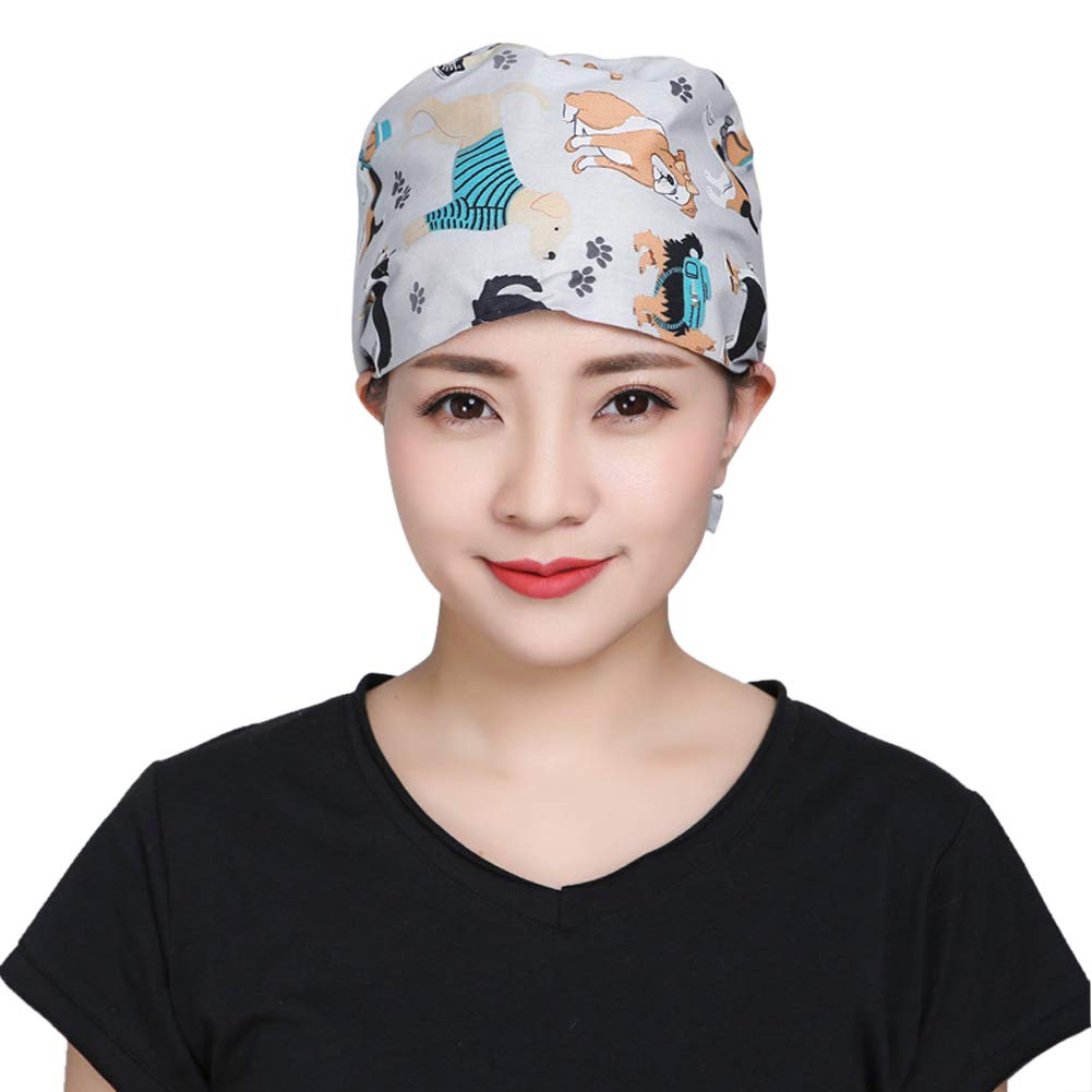 Scrub Cap Chef Hat for Women Men Cartoon Animal Printed Turban Cap Kitchen Cooking Hat Shower Cap Bath Cap Adjustable Tie Work Cap Elastic Band Spa Salon Cap Multipurpose Hat (Dog)