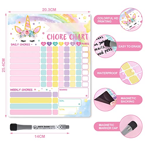 WERNNSAI Unicorn Chore Chart - Magnetic Reward Chart for Girls Kids Good Behavior Chart with 1 Marker Reusable Dry Erase Responsibility Charts for Fridge Home School Supplies