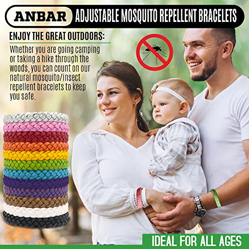 Anbar Leather Mosquito Repellent Bracelets for Adults and Kids, 12 Pack, Deet Free, All-Natural Anti-Mosquito, Tick, and Insect Essential Oils, 300-Hour Waterproof Outdoor Protection (Solid)