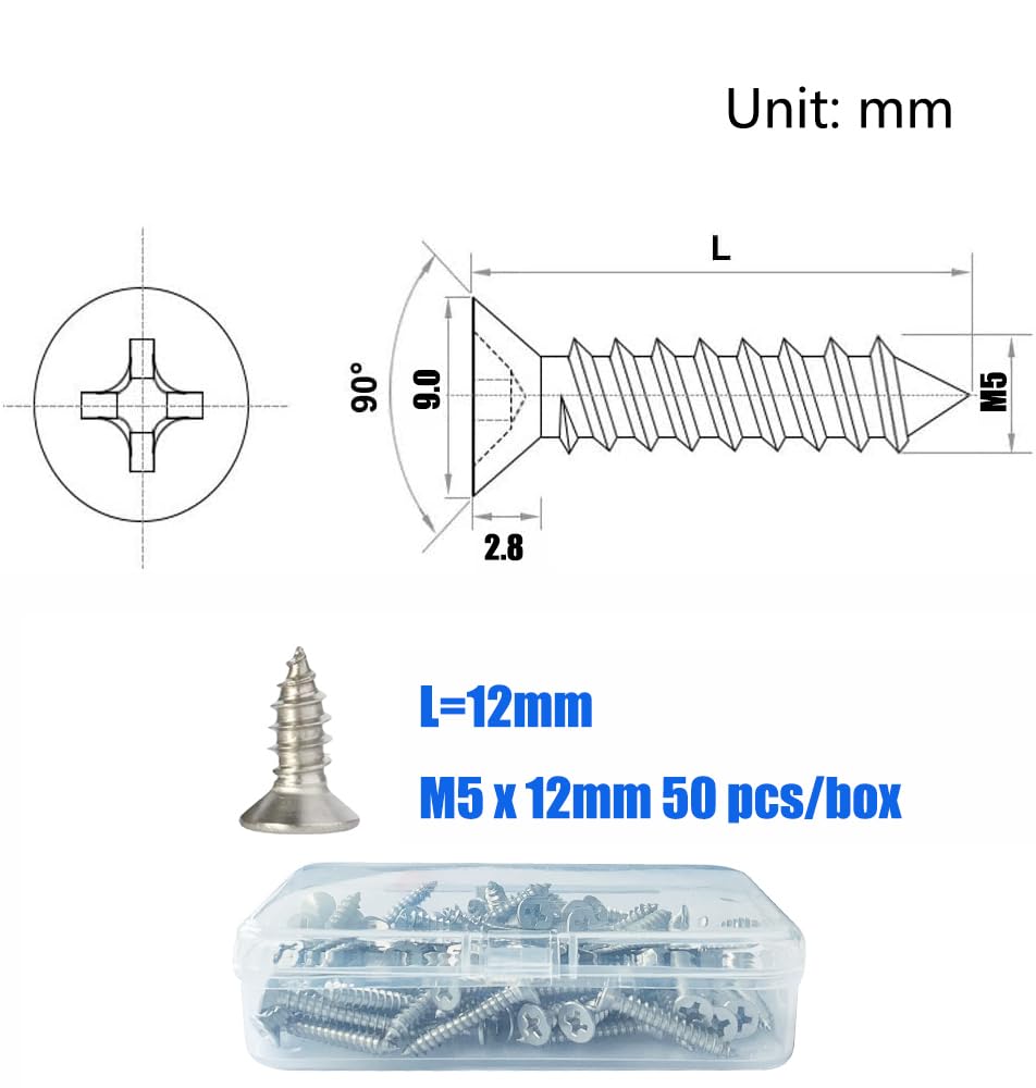 M5 Stainless Steel Self Tapping Screws,50pcs Phillips Flat Head Wood Srews DIY Woodworking Screws with Box (M5 X 12 50 PCS)