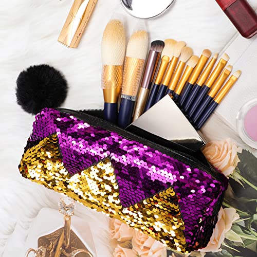 PHOGARY Sequin Preppy Pencil Case for Girls, Secondary School Pencil Bags with Fluffy Zipper, Pencil Pouch Holographic Pen Case Organizer for Students, Women Glitter Makeup Pouch (Purple, Gold)