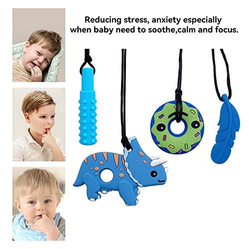 EXGOX Sensory Chew Necklaces for Kids Toddlers,4 Pack Silicone Chewy Sticks for Autistic,ADHD,Biting Needs, Oral Motor Chewy Teether Chewing Pendant Toys with Adjustable Buckle for Kids Boys